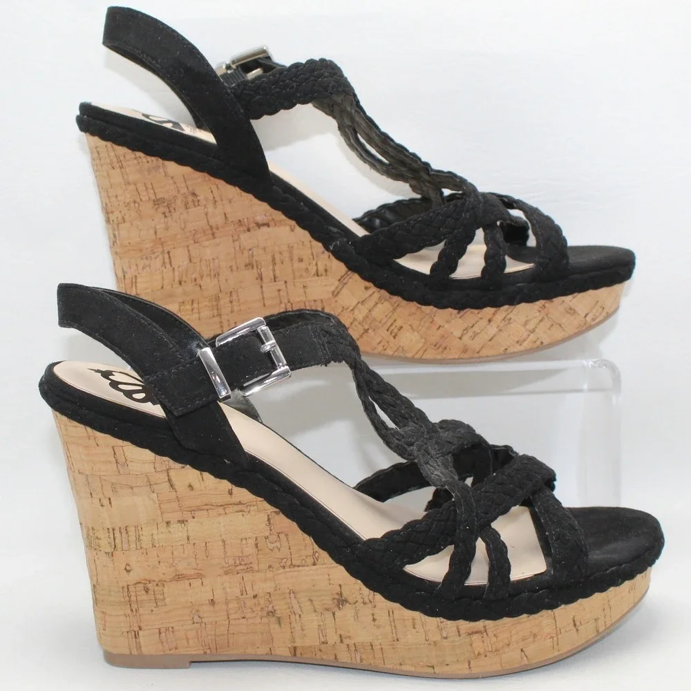 Fergalicious‎ Voyager Black Braided Cork Wedge Sandals Womens 9M Platform Strap